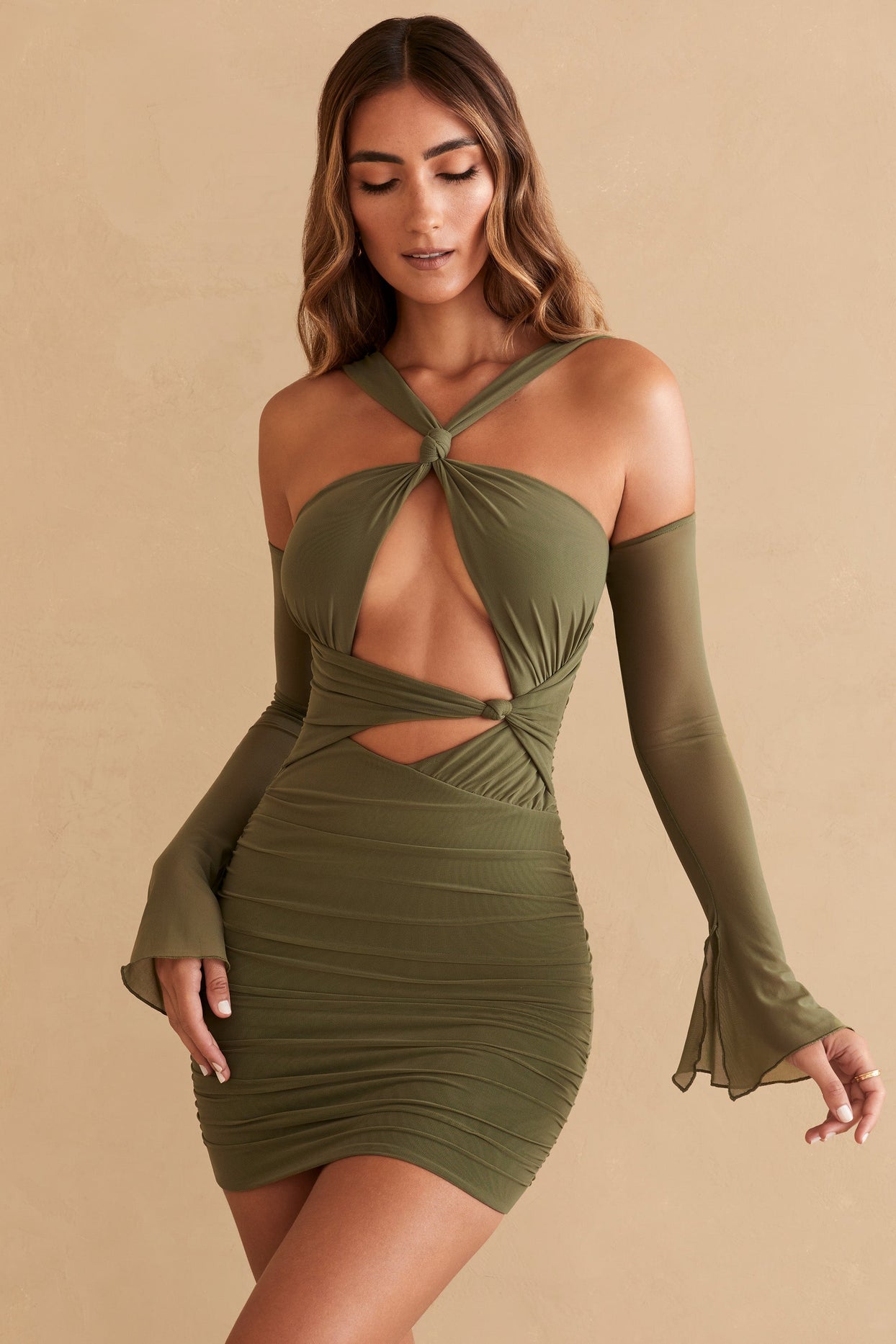 Neylan Knot Detail Long Sleeve Cut Out Mini Dress in Olive | Oh Polly