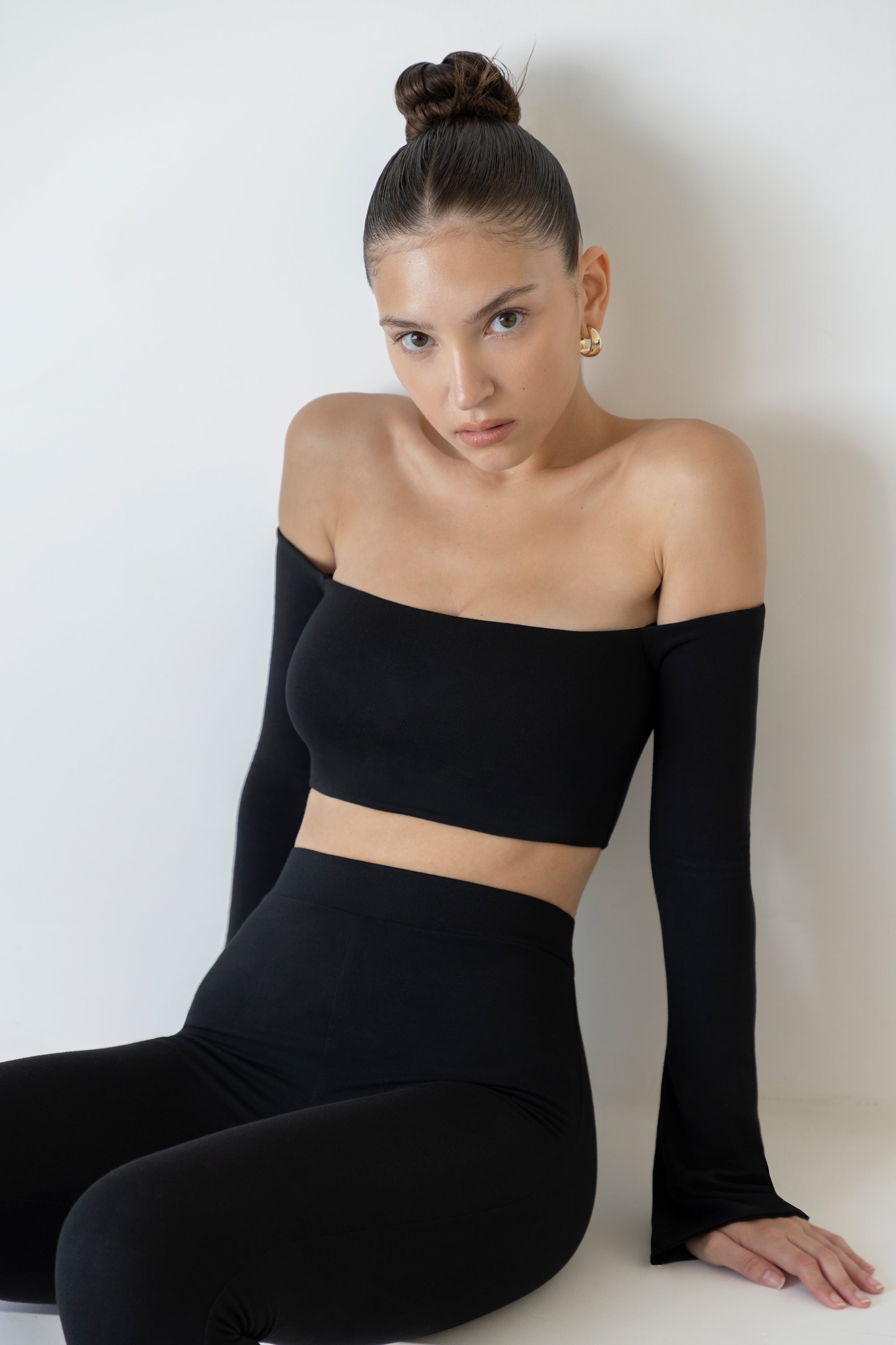 Renata Long Sleeve Bardot Crop Top in Black | Oh Polly