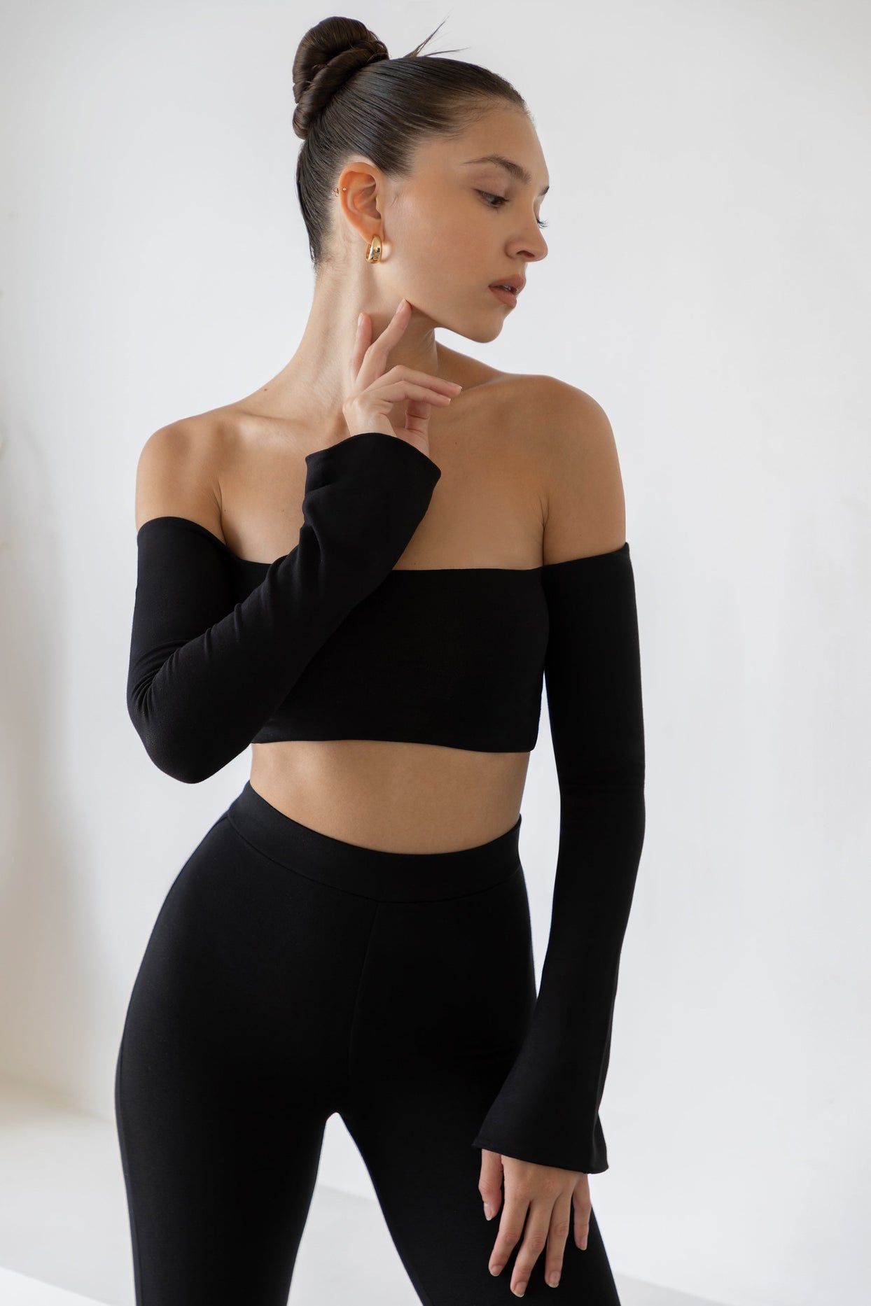 Long Sleeve Bardot Crop Top in Black