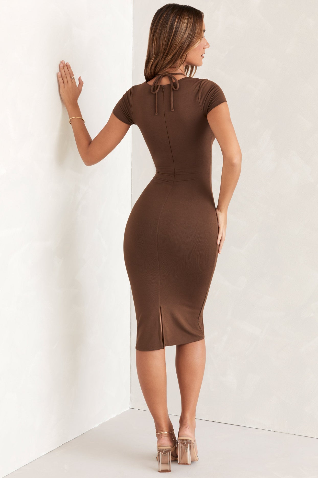 Cap Sleeve Cut Out Midi Dress in Brown