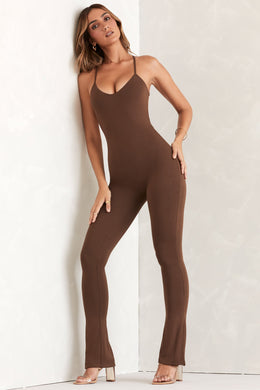 Scoop Neck Backless Jumpsuit in Brown