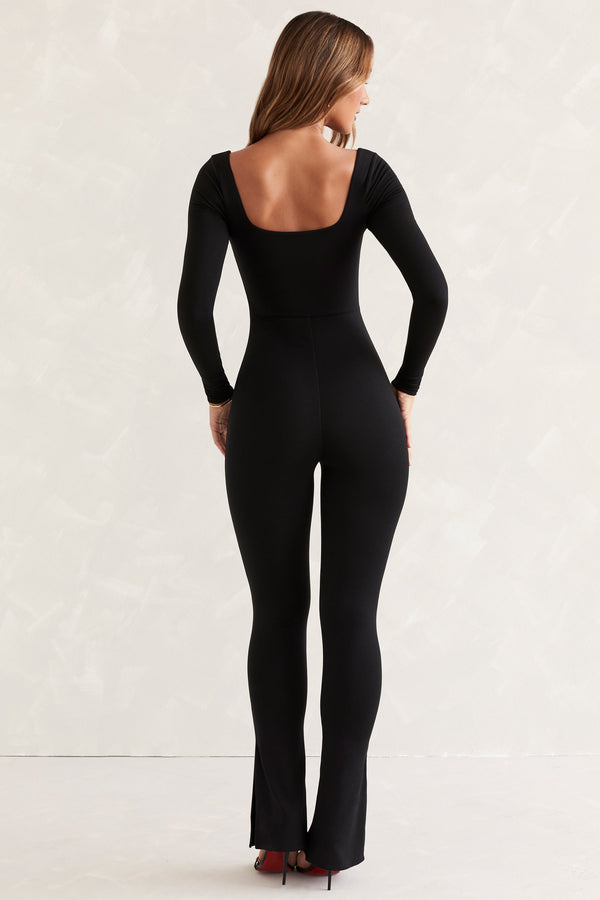 Long Sleeve Square Neck Jumpsuit in Black - 2