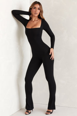 Jett Long Sleeve Square Neck Jumpsuit in Black | Oh Polly