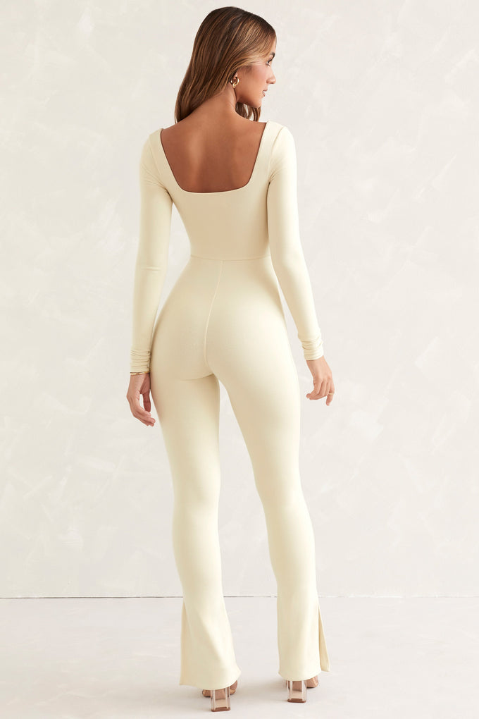 Petite Long Sleeve Square Neck Jumpsuit in Ivory