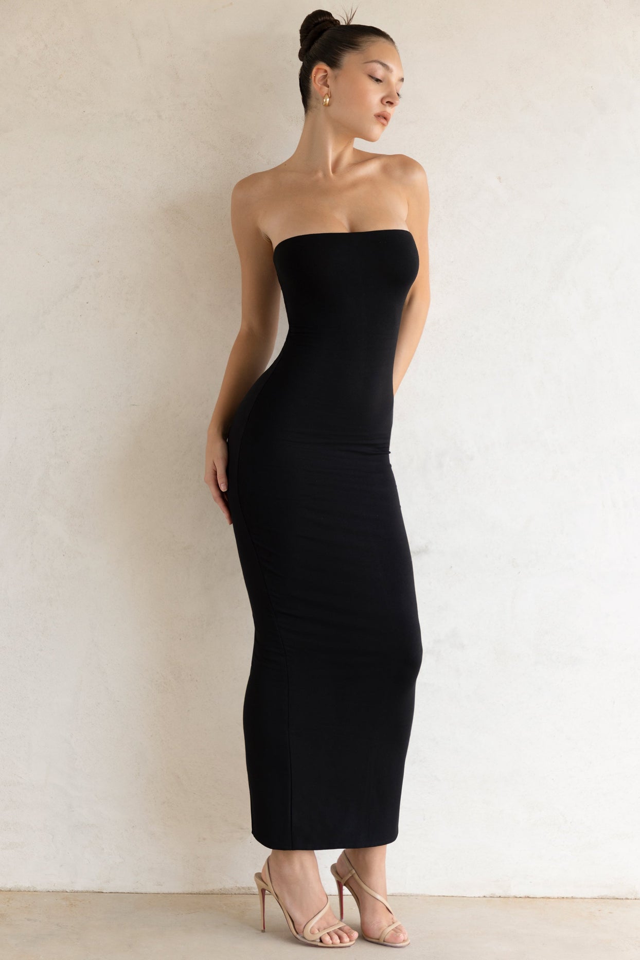 Full view of bandeau maxi dress in black
