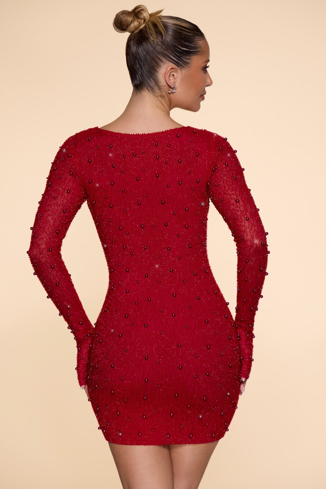 Long Sleeve Deep Plunge Mini Dress in Red