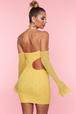 Embellished Cold Shoulder Cut Out Mini Dress in Yellow
