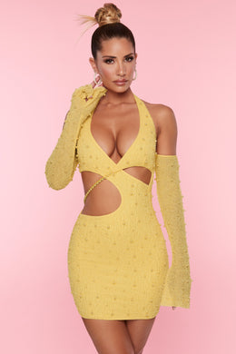 Embellished Cold Shoulder Cut Out Mini Dress in Yellow