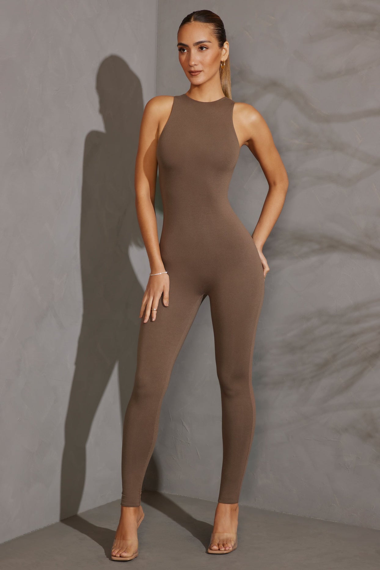 Petite Racer Neck Jumpsuit in Taupe