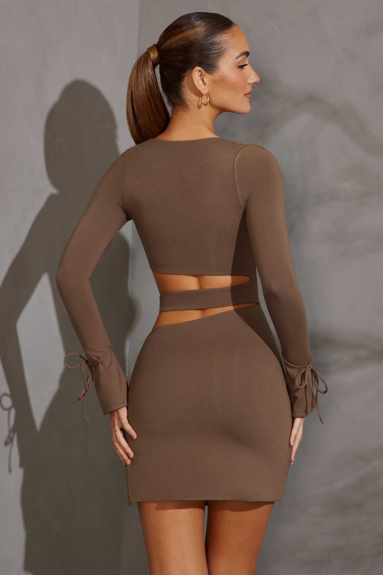 Enya Long Sleeve Cut Out Mini Dress in Taupe