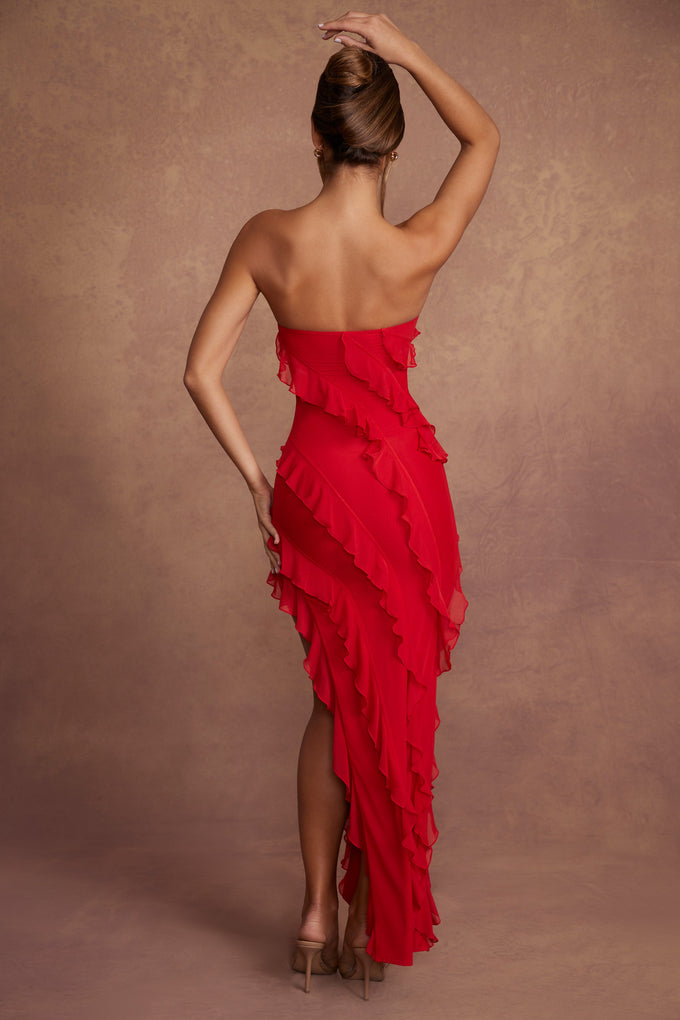 Bandeau Ruffle Detail Maxi Dress in Red