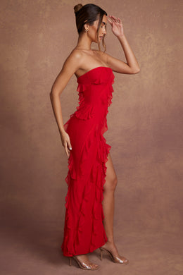 Bandeau Ruffle Detail Maxi Dress in Red