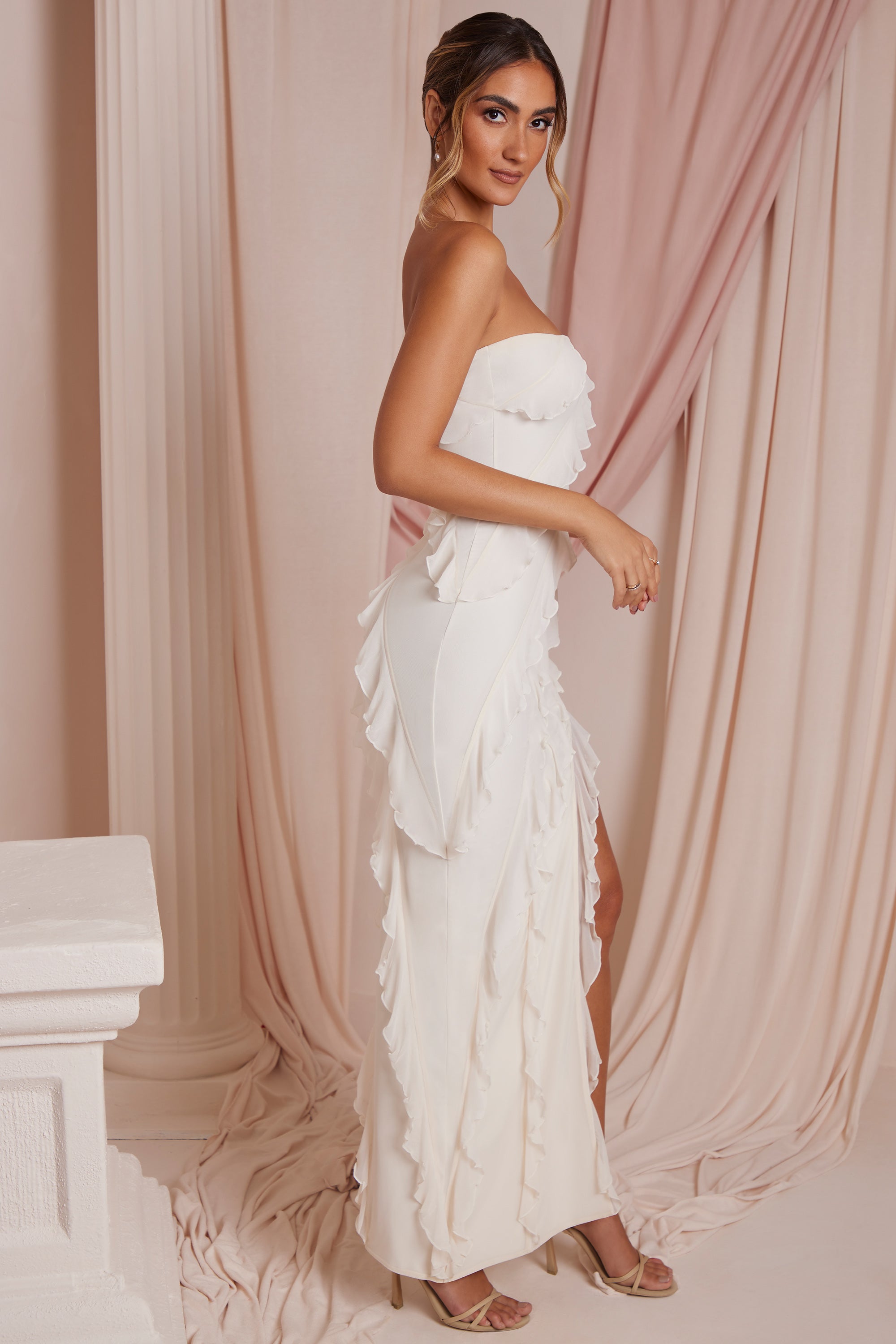 Nevali Bandeau Ruffle Detail Maxi Dress in Ivory