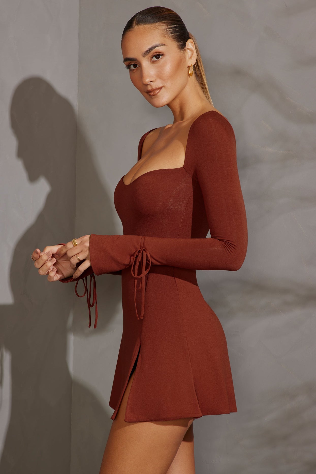 Long Sleeve A-Line Mini Dress in Brick