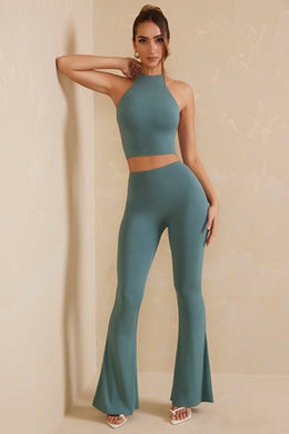 Petite High Waist Flare Trousers in Teal