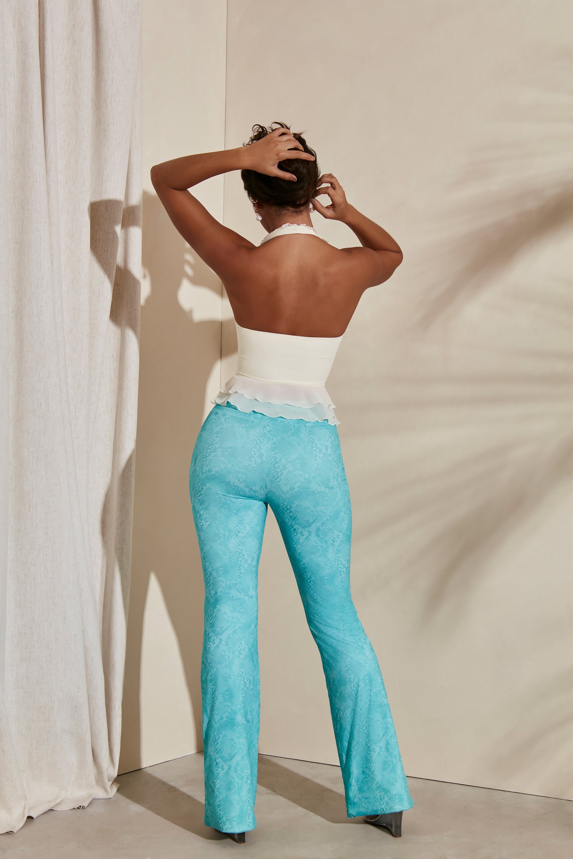 Itaso High Waist Flare Trousers in Teal Print | Oh Polly