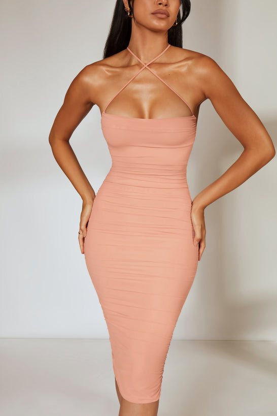 Front Cross Strap Ruched Midi Dress in Blush
