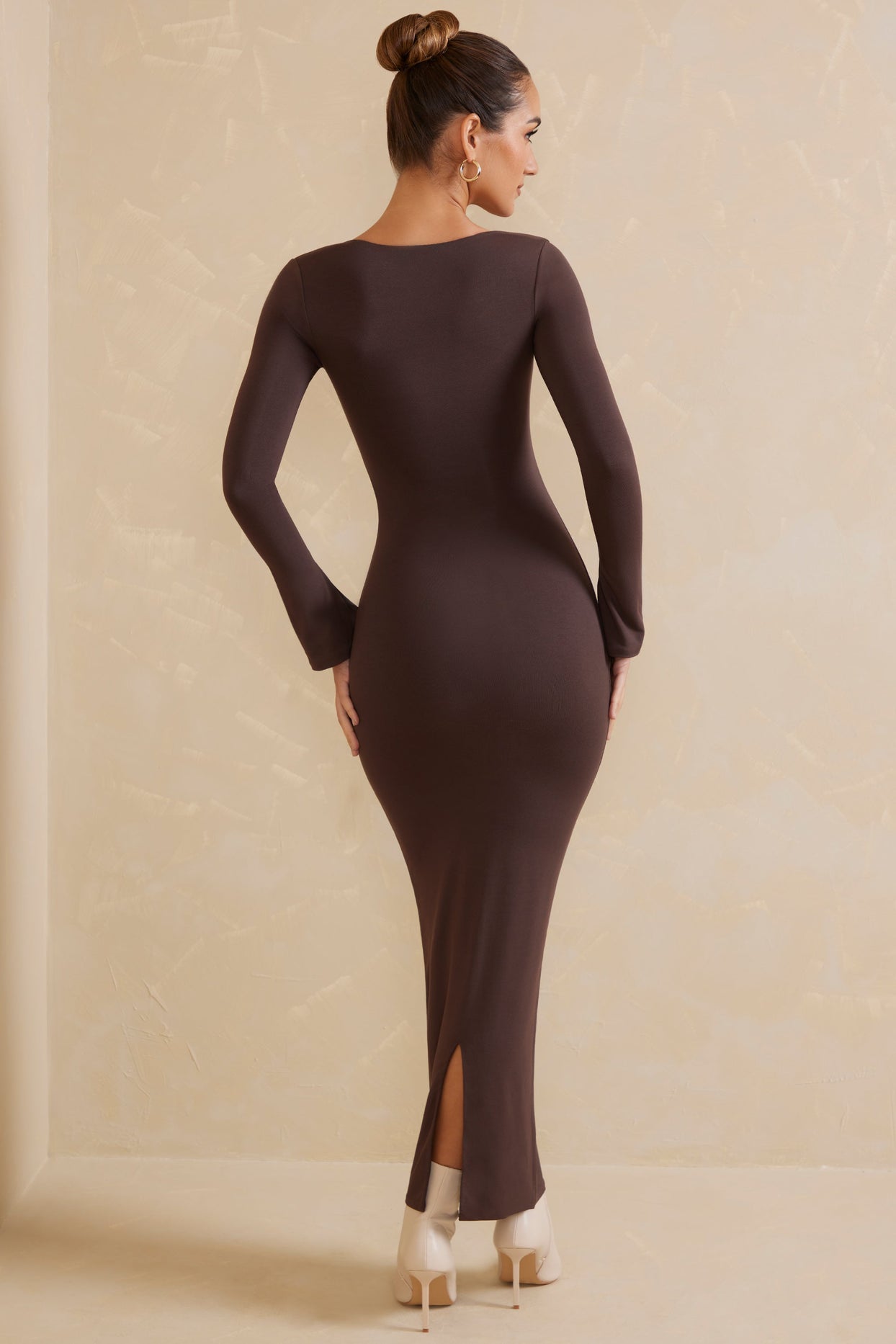 Square Neck Long Sleeve Maxi Dress in Chocolate