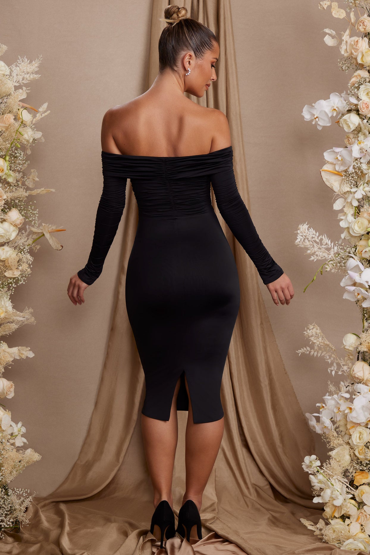 Long Sleeve Bardot Neckline Midi Dress in Black