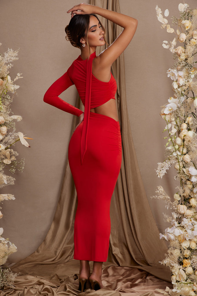 Single Sleeve Cut Out Maxi Dress in Red