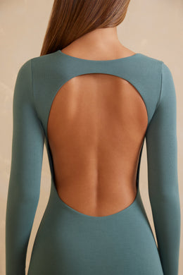 Minivestido de manga larga con espalda abierta en color verde azulado