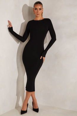 Brinkley High Neck Long Sleeve Open Back Midaxi Dress in Black | Oh Polly