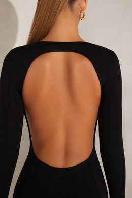 Brinkley High Neck Long Sleeve Open Back Midaxi Dress in Black