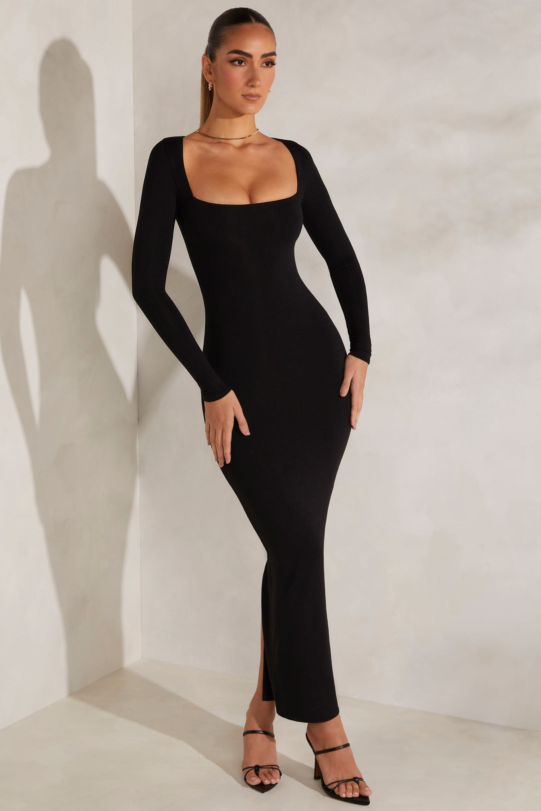 Peyton Long Sleeve Maxi Dress in Black | Oh Polly
