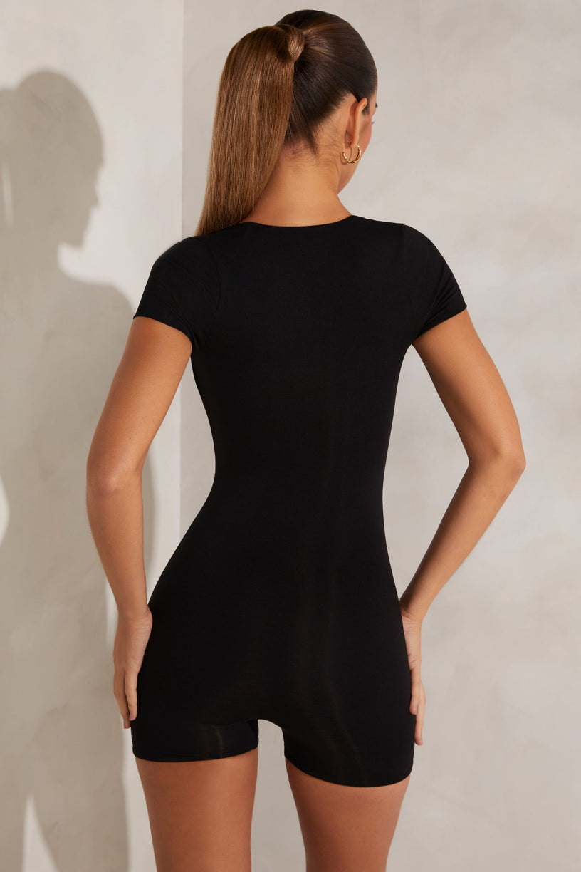 Cap Sleeve Square Neck Unitard in Black - 2