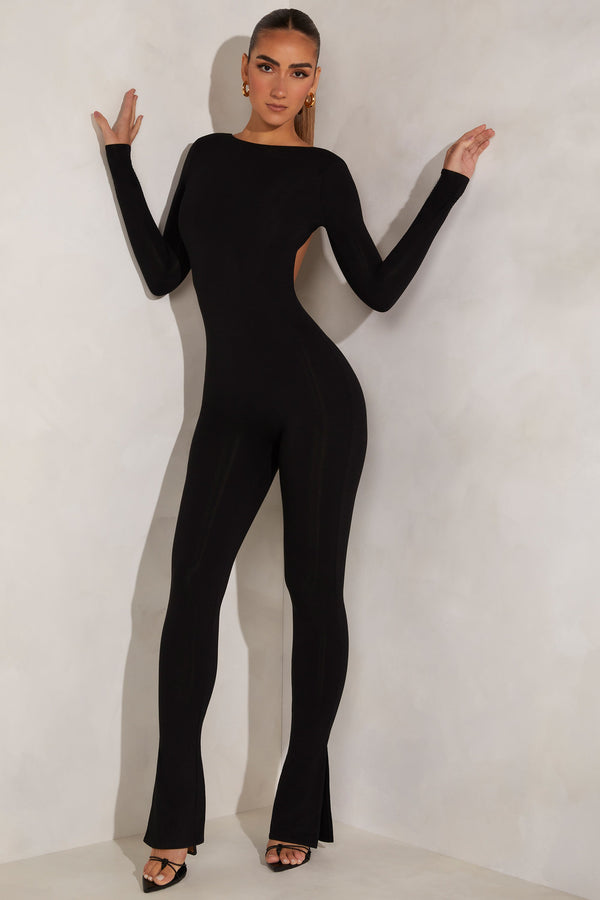 High Neck Open Back Jumpsuit in Black - 1