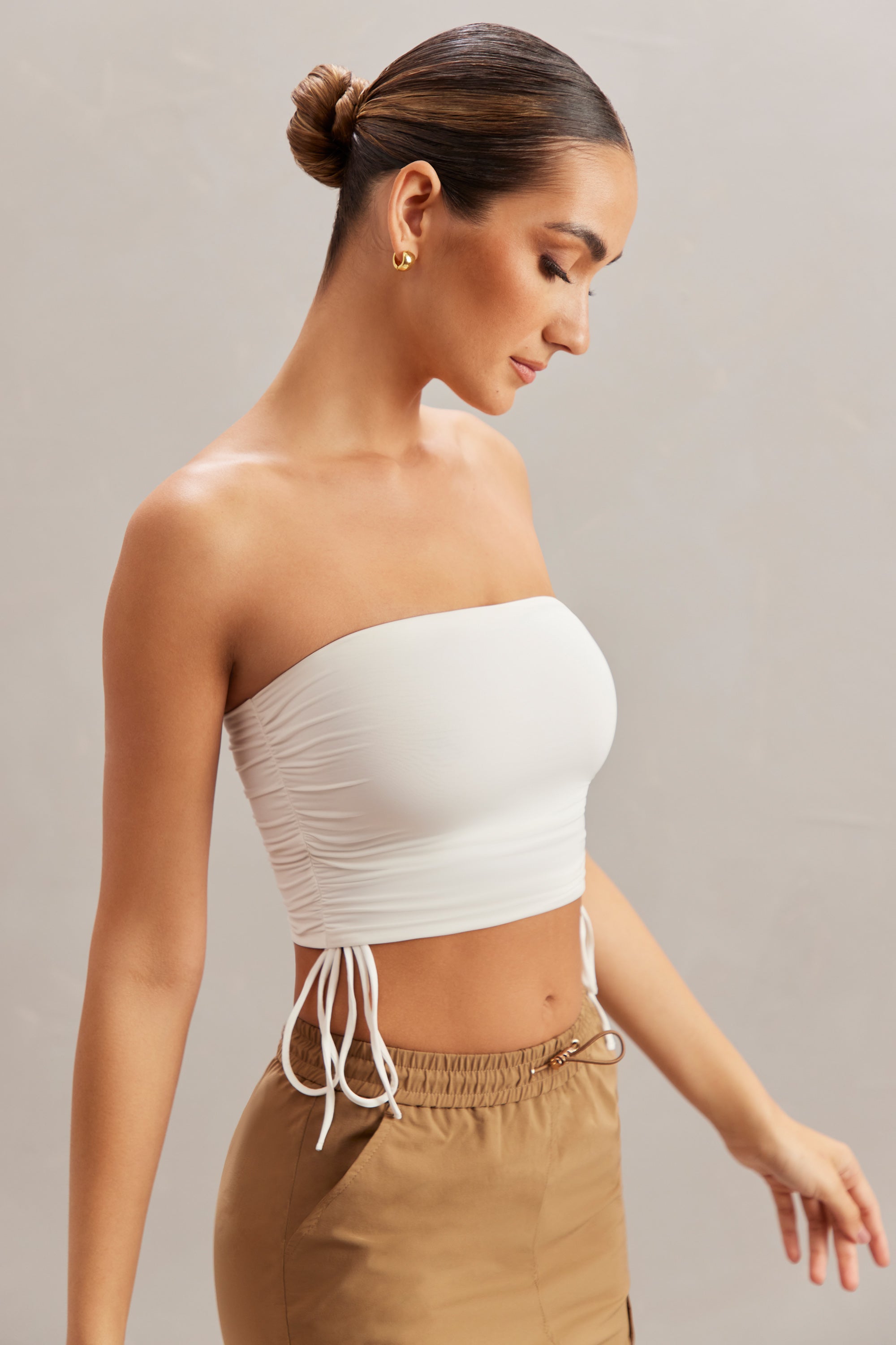 Alisa Ruched Bandeau Crop Top in Ivory | Oh Polly