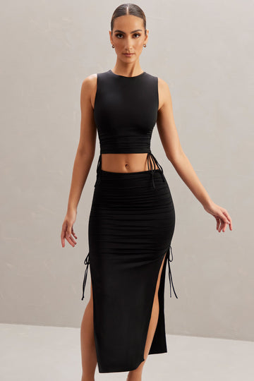 Alinta Mid Rise Ruched Midi Skirt in Black | Oh Polly