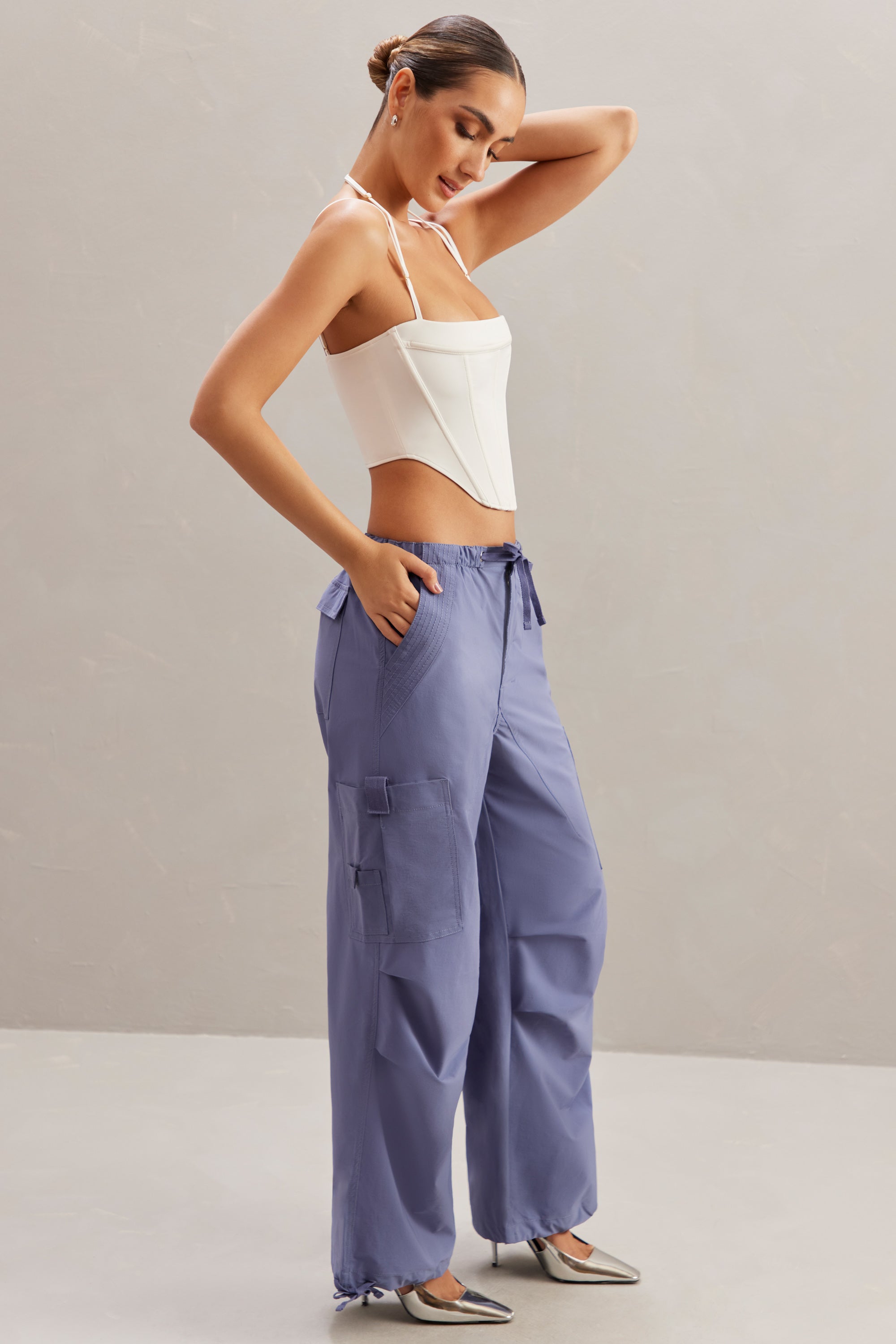 Rori Wide Leg Cargo Trousers in Dusty Blue | Oh Polly