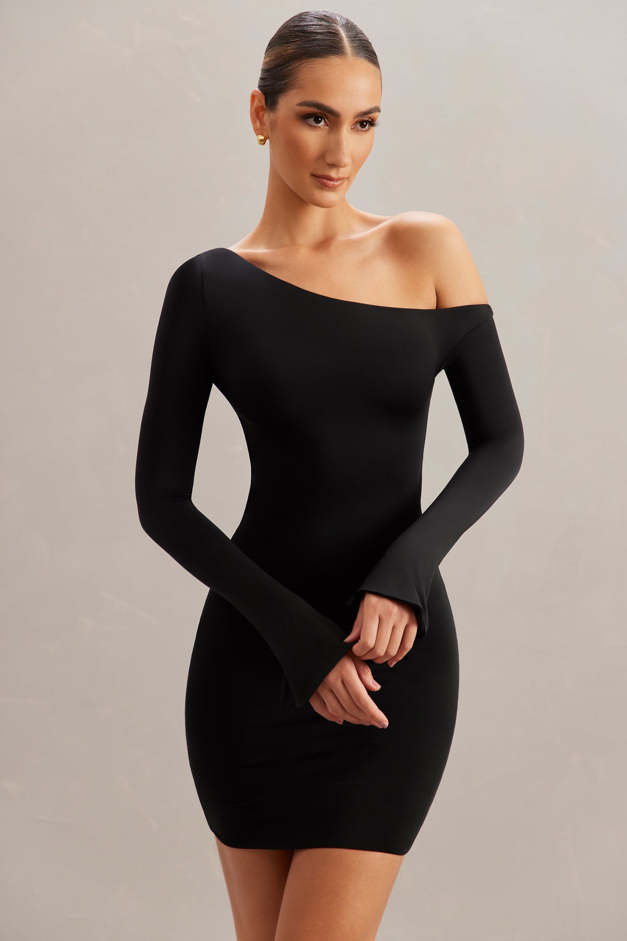 Lilardia Long Sleeve Off The Shoulder Open Back Mini Dress in Black ...