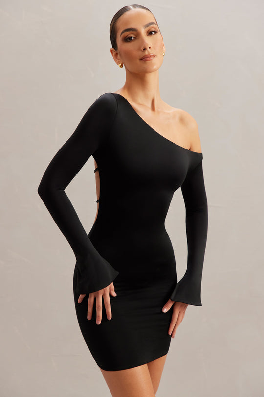 Lilardia Long Sleeve Off The Shoulder Open Back Mini Dress in Black ...