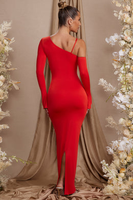 Vestido largo de manga larga con hombros descubiertos en rojo