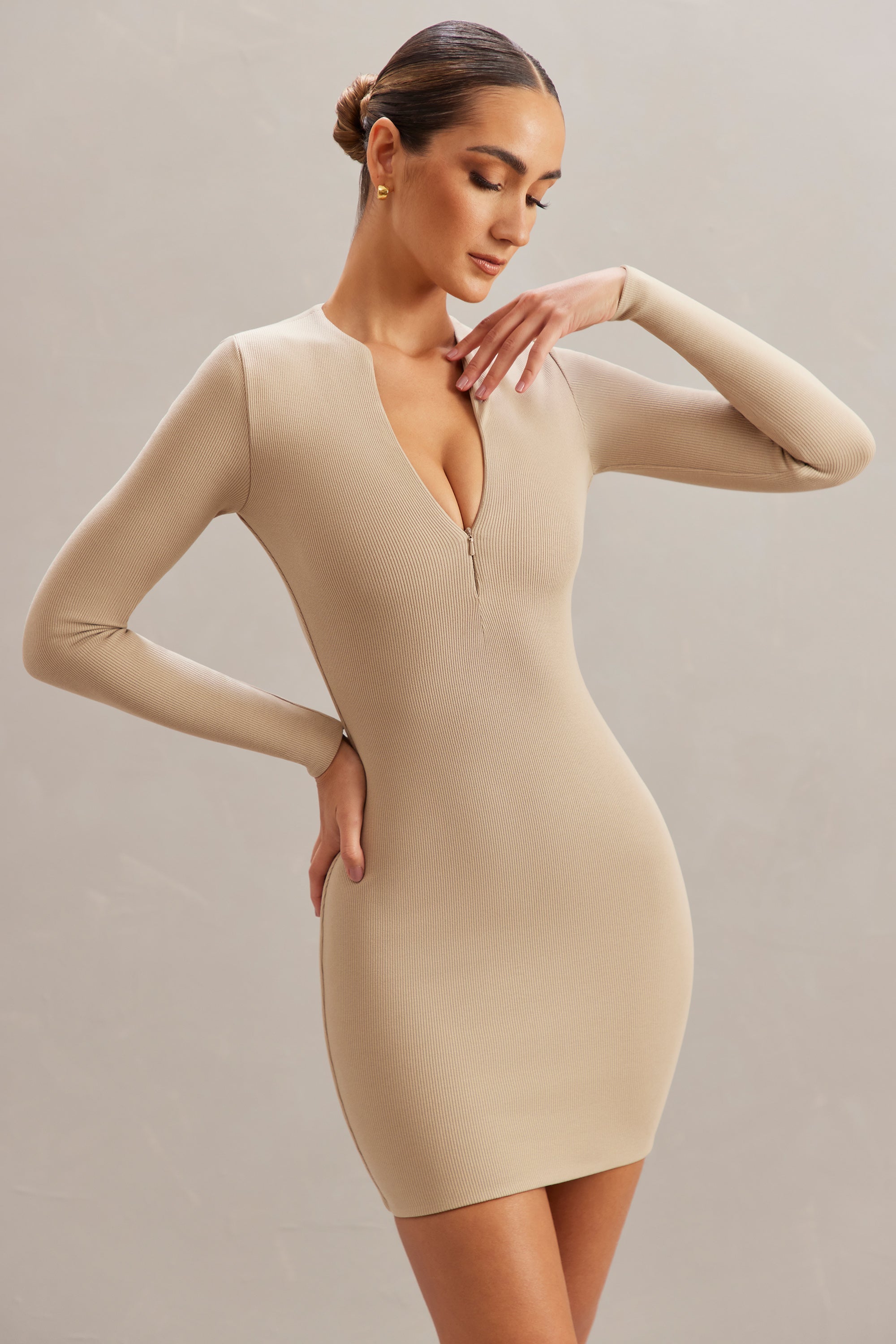 Koen Long Sleeve Zip Up Mini Dress in Stone | Oh Polly