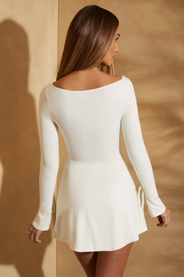 Long Sleeve Twist Front Mini Dress in White