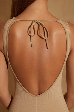 Citra Tall Ribbed Cut Out Back Jumpsuit in Tan