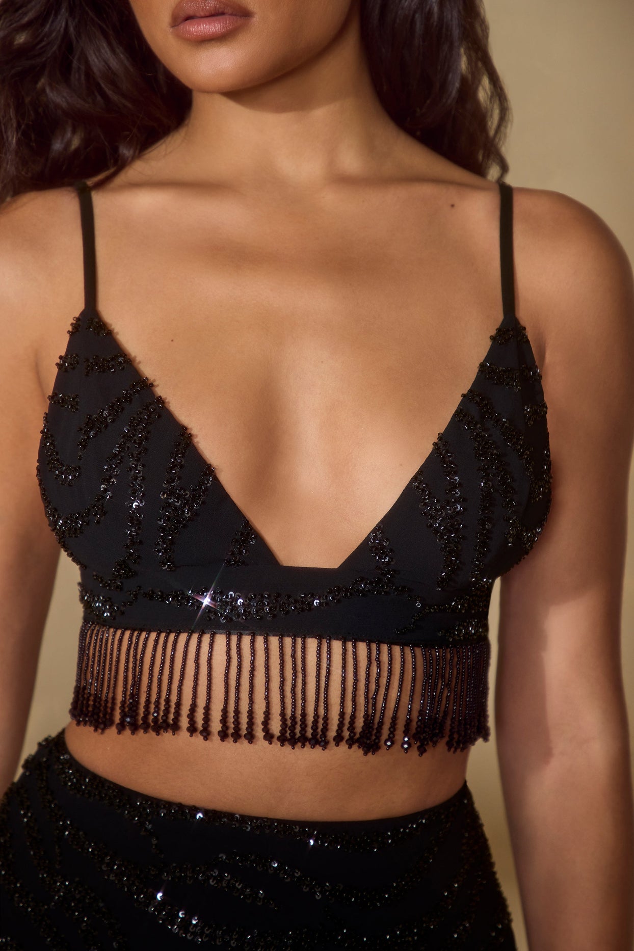 Silk crystal embellished bra, black, Tops Women's