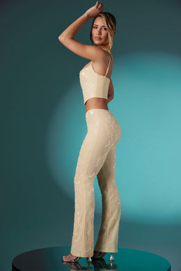 Petite Embellished Lace Low Rise Trousers in Ivory