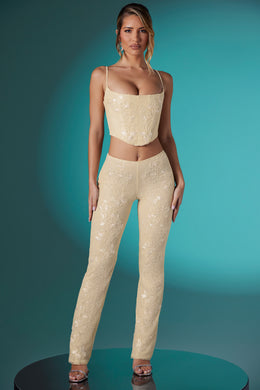 Petite Embellished Lace Low Rise Trousers in Ivory