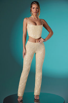 Tall Embellished Lace Low Rise Trousers in Ivory