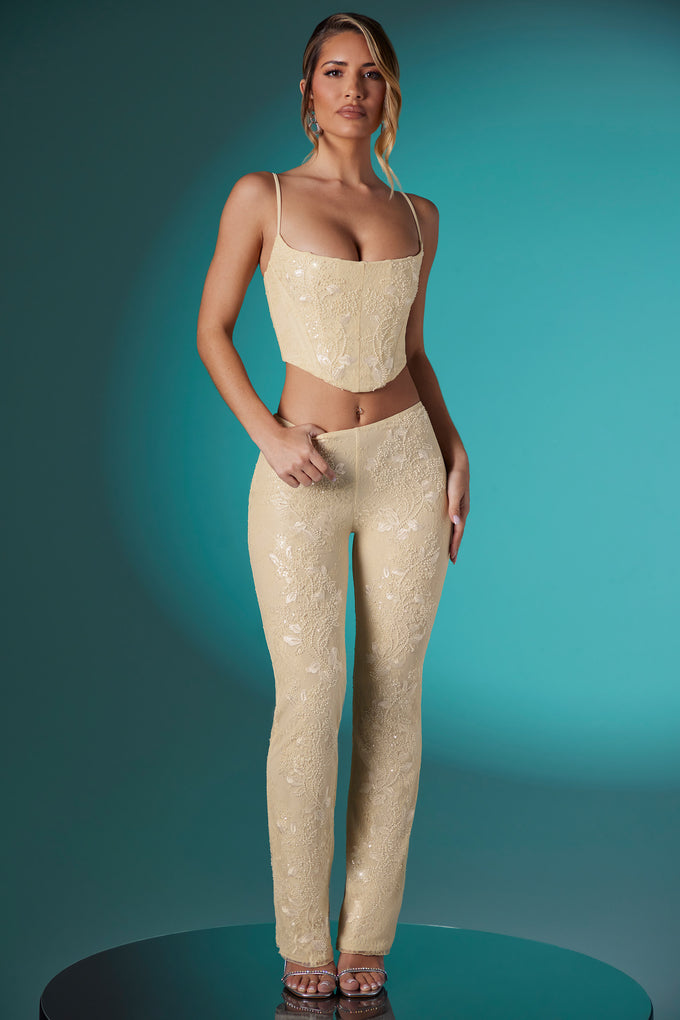 Embellished Lace Low Rise Trousers in Ivory