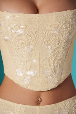 Embellished Lace Corset Crop Top in Ivory