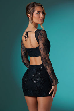 Embellished Lace Bodycon Mini Skirt in Black