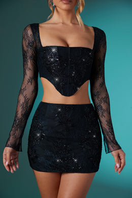 Embellished Lace Bodycon Mini Skirt in Black