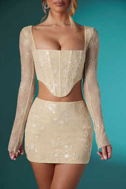 Embellished Lace Bodycon Mini Skirt in Ivory