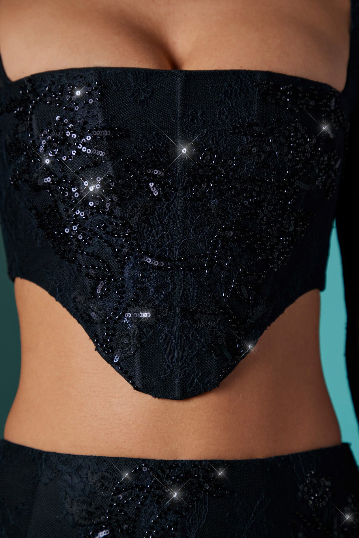 Long Sleeve Embellished Lace Corset Crop Top in Black