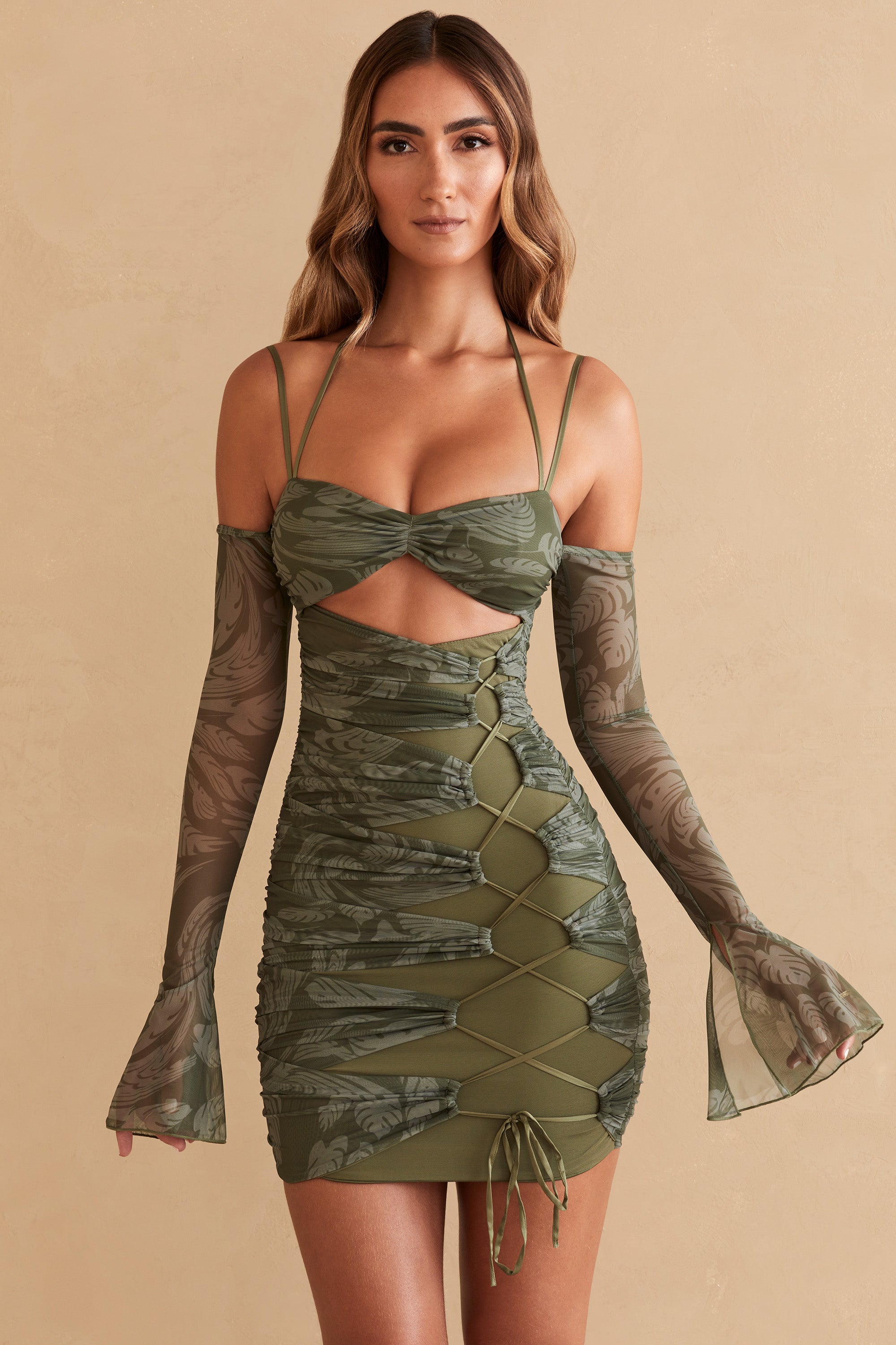 Asli Long Sleeve Paneled Drawstring Mini Dress in Olive Print | Oh